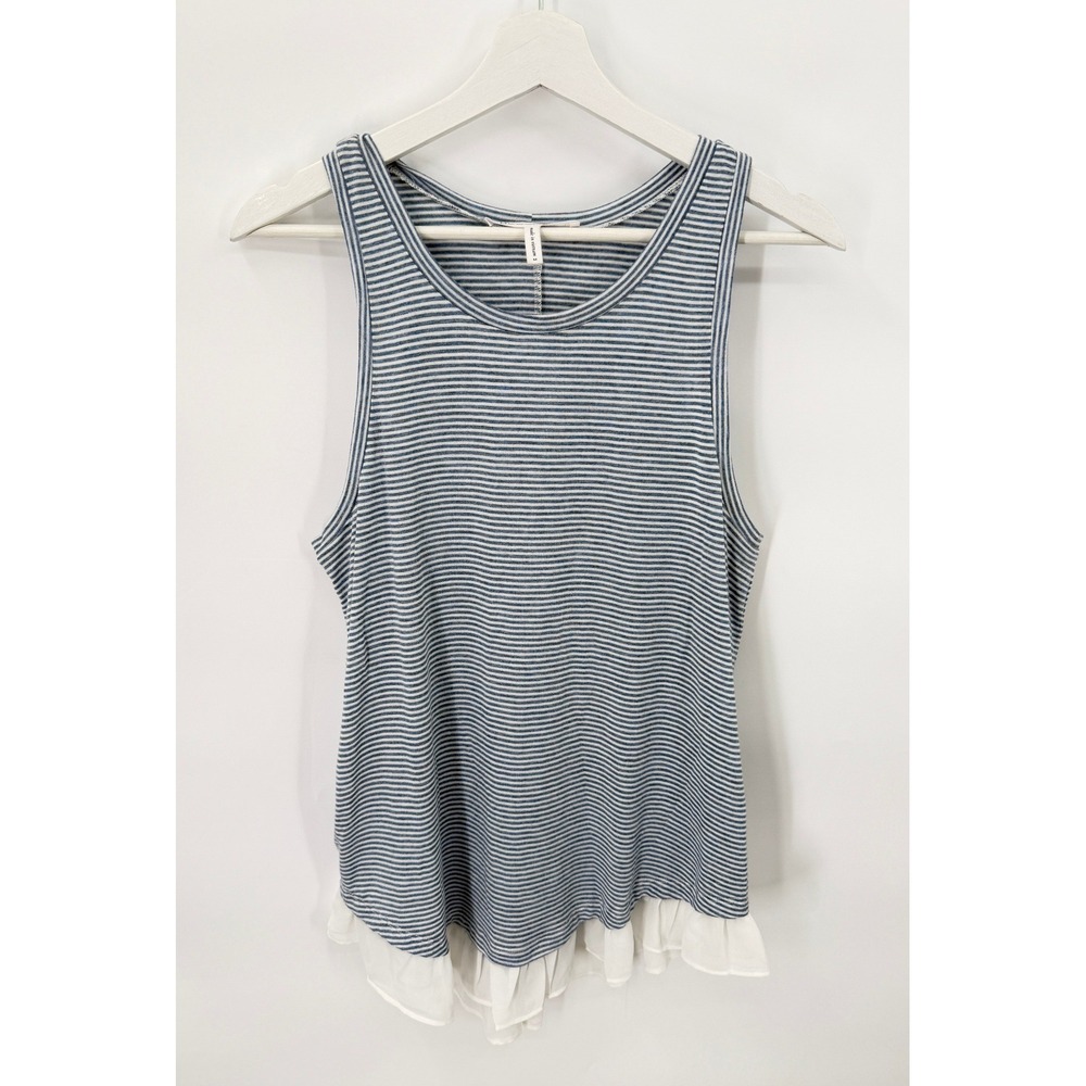 BCBGeneration Tank Top Womens M Blue White Striped Ruffle Hem